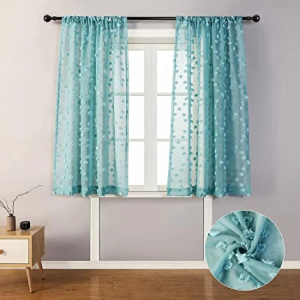 Luxury Home | Boho Chic ✨ Teal Sheer Pom Pom Textured Short Boutique Curtains